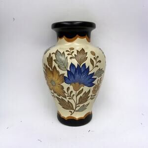 Gouda Plateel Holland Vase Flora Keramiek #431 6.25" Flowers Floral Tan Blue